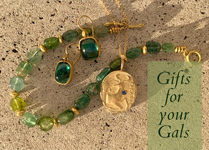 gifts for your gals, galentines day, barbara heinrich green tourmaline bracelet, green tourmaline earrings, robin haley jewelry, robin haley necklace