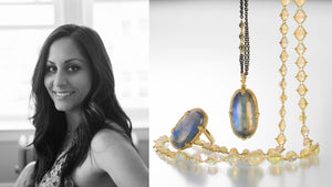 a black and white photograph of jewelry designer Sara Freedenfeld of Amali next to an image of her handcrafted jewelry, an 18k yellow gold opal ring, a woven strand of Ethiopian opal beads and an opal pendant necklace