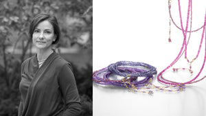 A black and white photograph of jewelry designer Anne Sportun with an image of her jewelry, three 18k yellow gold wrap bracelets with iolite, amethyst and garnet beads and a hot pink sapphire necklace