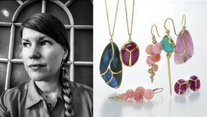 A black and white photograph of jewelry designer rachel atherley, a labradorite wing pendant on a chain, an oval ruby pendant on a chain, a pair of caviar earrings, each with 5 faceted pink opal briolettes, a pair of stingray earrings with turquoise gemstones, a pair of pink sapphire wing drop earrings and a small pair of ruby studs