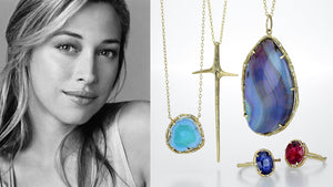 A black and white image of jewelry designer Elisabeth Bell alongside an image of her handcrafted jewelry, an 18k yellow gold chain necklace with a turquoise pendant surrounded by a golden halo with white diamonds, an elongated cross pendant, a blue opal pendant set in a willow branch setting, an 18k yellow gold ring with an oval, dark blue sapphire with diamonds and an 18k yellow gold ring with an oval ruby and diamonds 