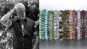 A black and white photograph of jewelry designer Joseph Brooks alongside an image of a stack of his gemstone bracelets in a rainbow of colors 