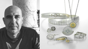 a black and white photograph of jewelry designer Adel Chefridi with an image of his jewelry; sterling silver and 18k yellow gold rings, earrings and pendant necklaces with tiny pave diamonds