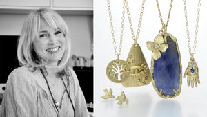 A black and white photograph of jewelry designer Victoria Cunningham next to a photograph of her jewelry; a pair of 14k yellow gold flying bird studs, a round tree of life disc pendant necklace, a triangular eye pendant necklace, a rose cut blue sapphire necklace with a small, carved flower pendant and a hand pendant with a blue sapphire and diamond accent