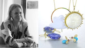 A black and white photograph of jewelry designer Annette Ferdinandsen next to an image of her jewelry; a pair of 18k yellow gold earrings with prong set tanzanite drops, a pair of turquoise gembug drop earrings with ruby eyes, a rainbow sapphire and white druzy cloud pendant necklace and a white druzy sunburst pendant necklace