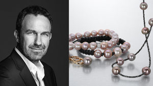 A black and white photograph of the jewelry designer Gellner alongside an image of two pink pearl bracelets, a pair of 18k rose gold hoops with brown pearl drops and a strand of black diamonds intermixed with brown Tahitian pearls