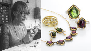 a black and white photograph of jewelry designer Ananda Khalsa with an image of her handcrafted jewelry; a stack of 18k yellow gold and whtie diamond rings, a pair of faceted green tourmaline drop earrings, an 18k yellow gold necklaced with 5 bezel set, pink tourmalines and a pink tourmaline and green tourmaline ring