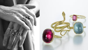 A black and white image of jewelry designer Gabriella Kiss' hands stacked with piles of her gemstone and diamond rings next to an image of her handcrafted rings; an oval hot pink tourmaline ring, a large 18k yellow gold snake ring, a cushion shaped aquamarine ring and a small, emerald cut pink sapphire ring