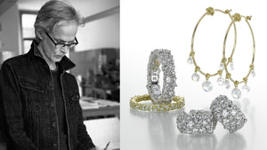 A black and white photograph of jewelry designer Paul Morelli in his jewelry studio, an 18k white gold band with white diamonds, a yellow gold confetti band with white diamonds, a pair of 18k white gold wide hoops with white diamonds and a pair of delicate 18k yellow gold hoops with rose cut diamond drops 