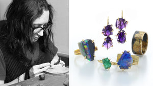 A black and white photo of the artist behind the designer of fine jewelry line Variance Objects along a collection of her jewelry, featuring two opal rings, an emerald ring and a pair of amethyst drop earrings