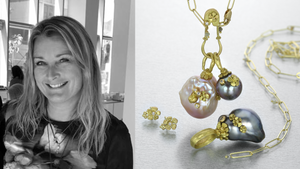 A black and white image of jewelry designer Lene Vibe in her jewelry studio alongside an image of her handcrafted jewelry, a pair of 18k yellow gold carved flower studs with white diamond centers, a large light pink baroque pearl with an 18k yellow gold owl with white diamond eyes and a smaller gray tahitian pearl on a chain, a large, irregular gray tahitian pearl with carved 18k yellow gold flowers and an 18k yellow gold paperclip link chain 