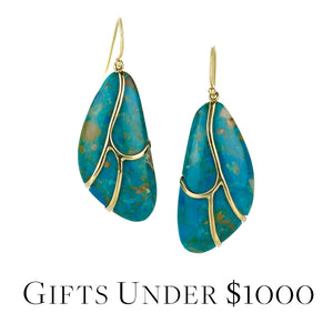 A pair of earrings by the jewelry designer Rachel Atherley featuring triangular Peruvian opal drops with thin, 18k yellow gold butterfly lines