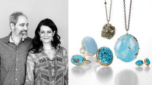 A black and white photograph of jewelry designers Jamie Joseph and Jeremy Joseph alongside an image of a collection of their turquoise jewelry; three oval turquoise rings set in 14k yellow gold bezels with sterling silver bands, a pyrite cluster pendant necklace, an organically shaped turquoise necklace set in prongs on an oxidized sterling silver chain with a pair of teardrop shaped turquoise studs set in 14k yellow gold 