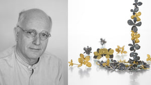 A black and white photograph of jewelry designer John Iversen alongside an image of his handcrafted hydragea collection featuring. multiple pairs of hydrangea cluster earrings and a hydrangea necklace in oxidized sterling silver and 18k yellow gold