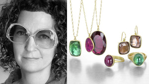 A black and white photograph of jewelry designer Lola Brooks wearing large sunglasses alongside an image of her handcrafted jewelry, a faceted, cushion shaped green tourmaline pendant on a chain, an irregular ruby pendant set in a bezel on a chain, a large, faceted oval red tourmaline pendant on a chain, an oval, bezel set pink tourmaline ring, an oval, bezel set green tourmaline ring, and a pair of cushion shaped, pink tourmaline drop earrings