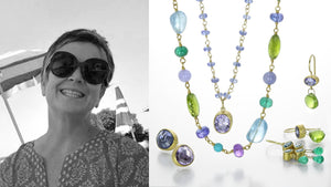 A black and white photograph of jewelry designer Mallary Marks wearing large sunglasses next to an image of her handcrafted jewelry; a pair of large, faceted blue and purple sapphire studs