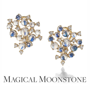 A pair of 18k yellow gold bubble cluster earrings with rainbow moonstone cabochon beads and faceted white diamonds, handcrafted by jewelry designer Paul Morelli. Link to the "magical moonstone" collection