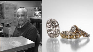A black and white photograph of edward burrowes in his jewelry studio, a wide platinum open scroll band with bezel set white diamonds, a platinum and 18k yellow gold scroll band with bezel set white diamonds, and a platinum and 18k yellow gold scroll band with a bezel set CZ 