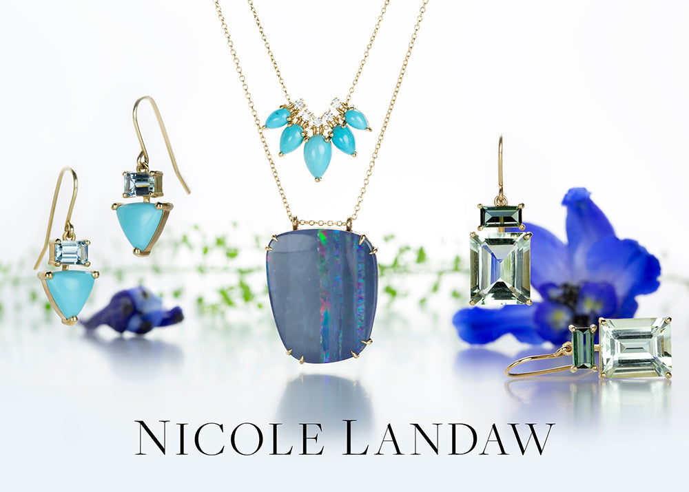 A pair of turquoise and aquamarine drop earrings, a boulder opal pendant necklace, a turquoise and diamond pendant necklace and a pair of green tourmaline and green amethyst earrings by jewelry designer Nicole Landaw
