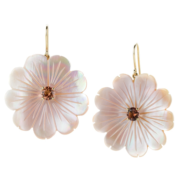 SALE14kgf白蝶真珠 蓮の花カービングPT Nicole Landaw Large Mother of Pearl Flower Earrings | Quadrum Gallery