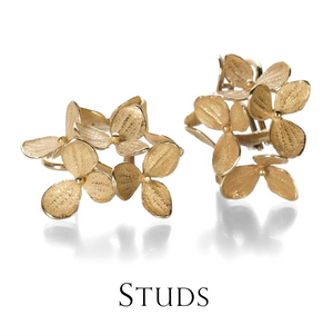 A pair of 18k yellow gold, 6 part hydrangea earrings by the jewelry designer John Iversen. 18k yellow gold studs, 18k yellow gold earrings, fine jewelry, designer jewelry, boston jewelry store, shop john iversen online, flower jewelry, nature inspired 