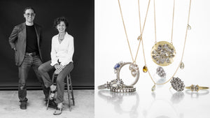 A black and photograph of jewelry designer Todd and Debra Pownell next to an image of three platinum rings with diamonds and sapphires, an 18k yellow gold necklace with a round, hammered disc set with inverted diamonds, two other delicate diamond necklace and a pair of cluster diamond studs