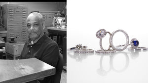 A black and white image of jewelry designer Edward Burrowes sitting in his jewelry studio alongside an image of his handcrafted jewelry, a set of seven rings in platinum and white diamonds