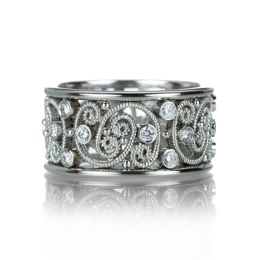 Nathan Levy 10.7mm Platinum and Diamond Scroll Band | Quadrum Gallery