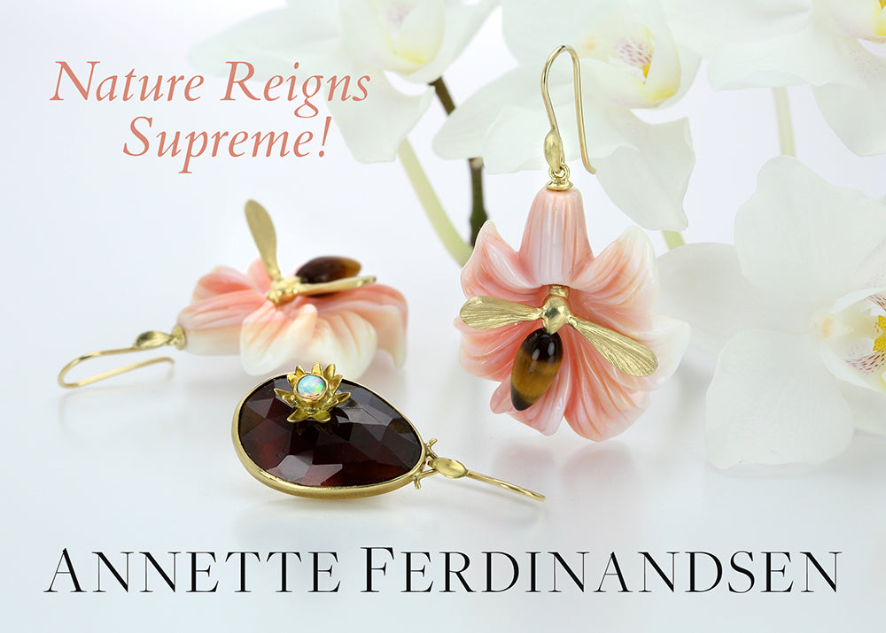 annette ferdinandsen jewelry, annette ferdinandsen earrings, annette ferdinandsen necklace, annette ferdinandsen rings, gemstone rings, gemstone earrings, nature inspired jewelry, flower earrings, wasp earrings, bee earrings, garnet earrings
