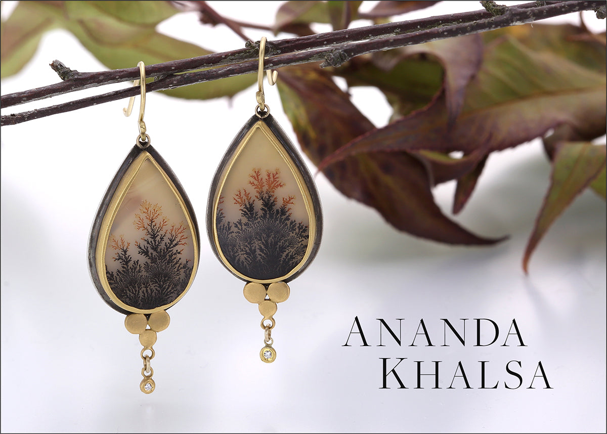ananda khalsa jewelry, ananda khalsa earrings, drop earrings, statement earrings, dendrite earrings, one of a kind earrings, gemstone earrings, teardrop earrings, gold earrings, mixed metal earrings, designer jewelry boston, fine jewelry boston