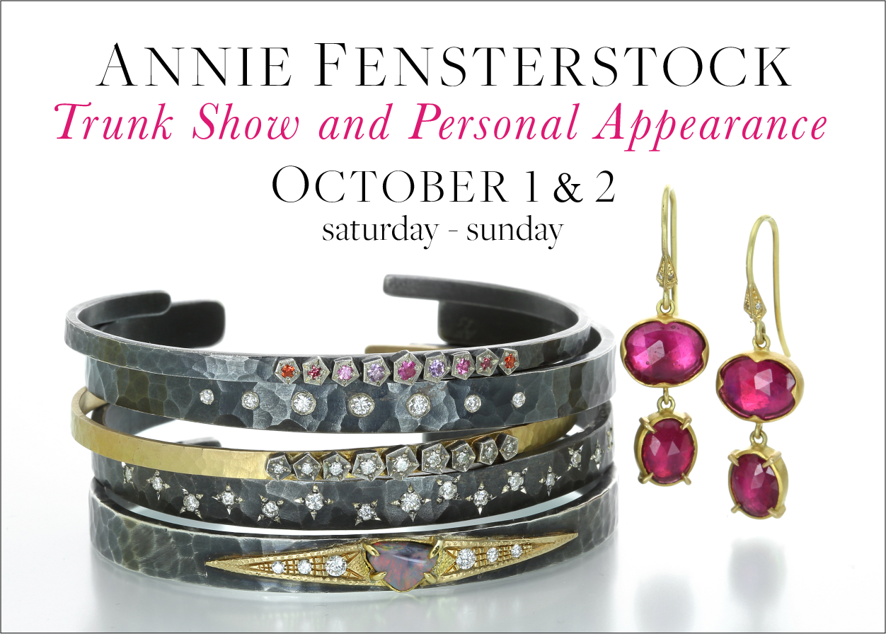 Annie fensterstock jewelry, annie fensterstock earrings, annie fensterstock cuffs, annie fensterstock bracelets, ruby drop earrings, trunk show, boston event, boston events 