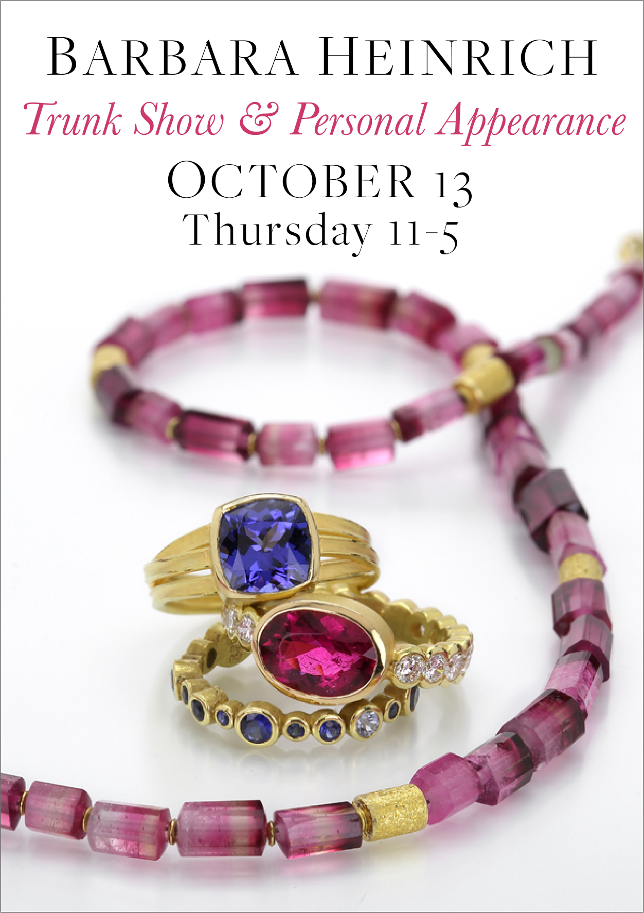 barbara heinrich trunk show, barbara heinrich jewelry, barbara heinrich rings, barbara heinirch  necklaces, gemstone necklaces, stacking rings, gemstone rings, boston event 