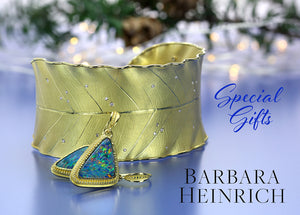 barbara heinrich 18k yellow gold leaf cuff with scattered diamonds and a pair of triangular opal earrings, fine jewelry boston, designer jewelry boston, barbara heinrich jewelry 
