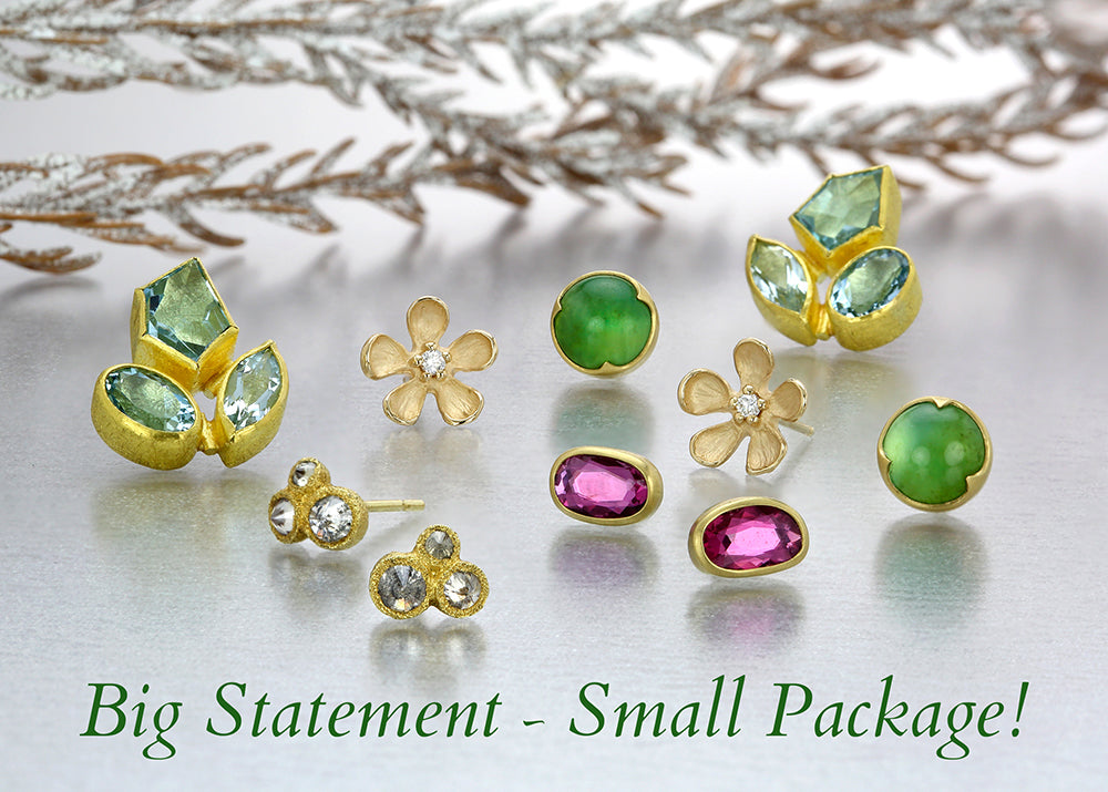 A pair of triple aquamarine studs, hot pink tourmaline studs, triple diamond studs, flower studs and round prehnite studs by various designers