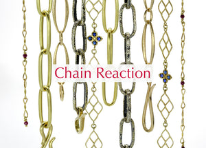 An image of 10 different chain necklaces, in 18k yellow gold and oxidized sterling silver by jewelry designers Lene Vibe, Maria Beaulieu, Nicole Landaw, Kate Maller, Adel Chefridi