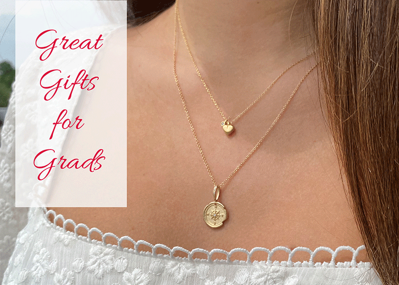 18k yellow gold, round, compass drop earrings by Robin Haley, small 18k yellow gold heart pendant necklace by jewelry designer Marian Maurer, 18k yellow gold compass pendant necklace by jewelry designer Robin Haley