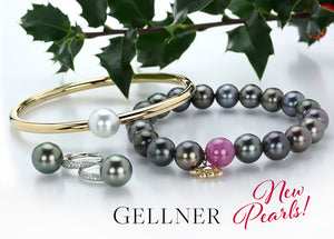 gellner jewelry, tahitian pearl bracelet, 18k yellow gold bracelet with a white south sea pearl in the center and a pair of platinum earrings with gray tahitian pearl drops