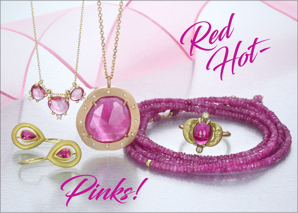 pink jewelry, red jewelry, pink sapphire jewelry, pink tourmaline jewelry, gold earrings, gold jewelry, gold necklaces, designer jewelry boston, boston fine jewelry, sirciam jewelry, anne sportun jewelry, nicole landaw jewelry