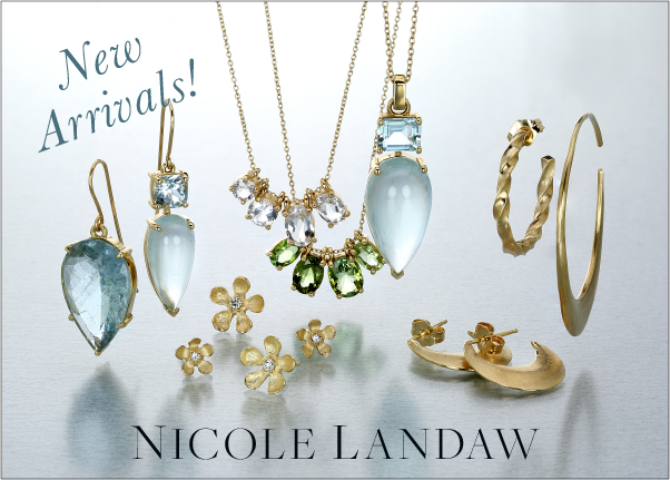 nicole landaw jewelry, nicole landaw earrings, nicole landaw hoops, nicole landaw necklaces, aquamarine jewelry, aquamarine earrings, flower earrings, delicate gold jewelry, boston fine jewelry
