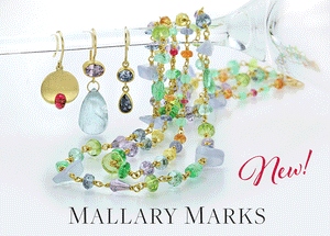 A rotating image of multicolored gemstone drop earrings and gemstone chains by jewelry designer Mallary Marks