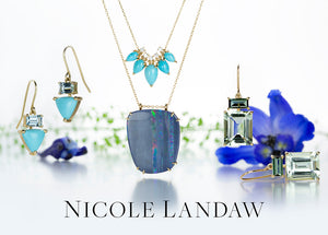 A pair of triangular turquoise drop earrings with aquamarine baguettes, a turquoise necklace and a boulder opal pendant necklace and a pair of tourmaline and green amethyst drop earrings