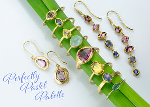 pastel jewelry, gemstone earrings, gemstone rings, emerald ring, sapphire ring, tourmaline ring, sapphire earrings, sapphire drop earrings, pink sapphire earrings