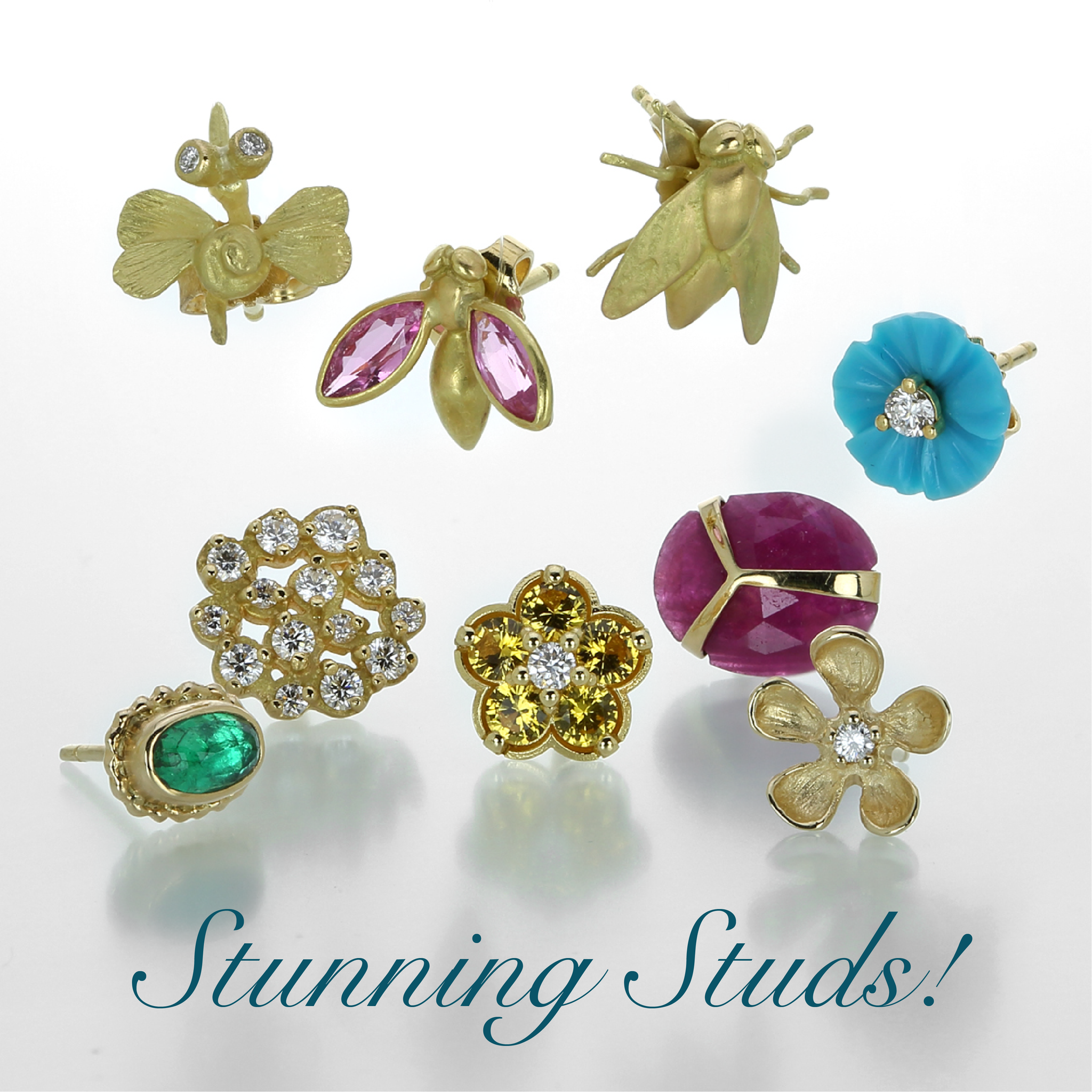 studs, stud earrings, 18k yellow gold studs, gabriella kiss fly studs, lene vibe studs, jamie joseph studs, diamond studs, turquoise studs, ruby studs, emerald studs sapphire studs, flower studs