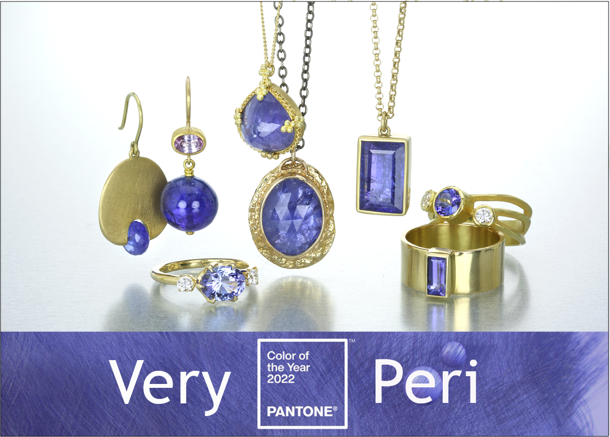 pantone color of the year, very peri, tanzanite jewelry, iolite jewelry, chalcedony jewelry, tanzanite rings, tanzanite pendants, tanzanite earrings, iolite earrings, iolite rings, chalcedony rings