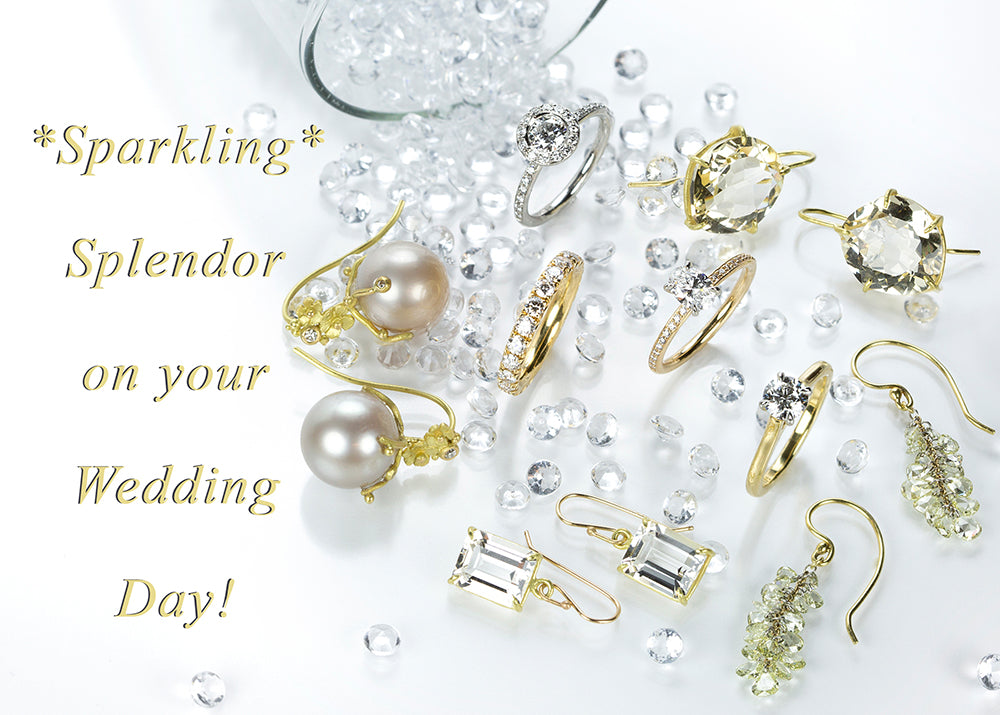 A collection of pearl drop earrings, solitaire engagement rings, white topaz drop earrings and diamond drop earrings by jewelry designers Todd Pownell, Rosanne Pugliese and Lene Vibe