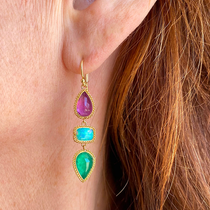 Amali Emerald, Fluorite and Ethiopian Opal Drop Earrings | Quadrum Gallery