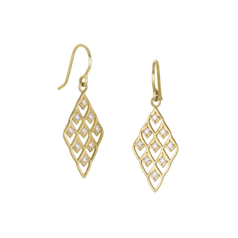 A pair of gold drop earrings with a geometric openwork diamond design, accented with small clear stones, shown against a plain white background.