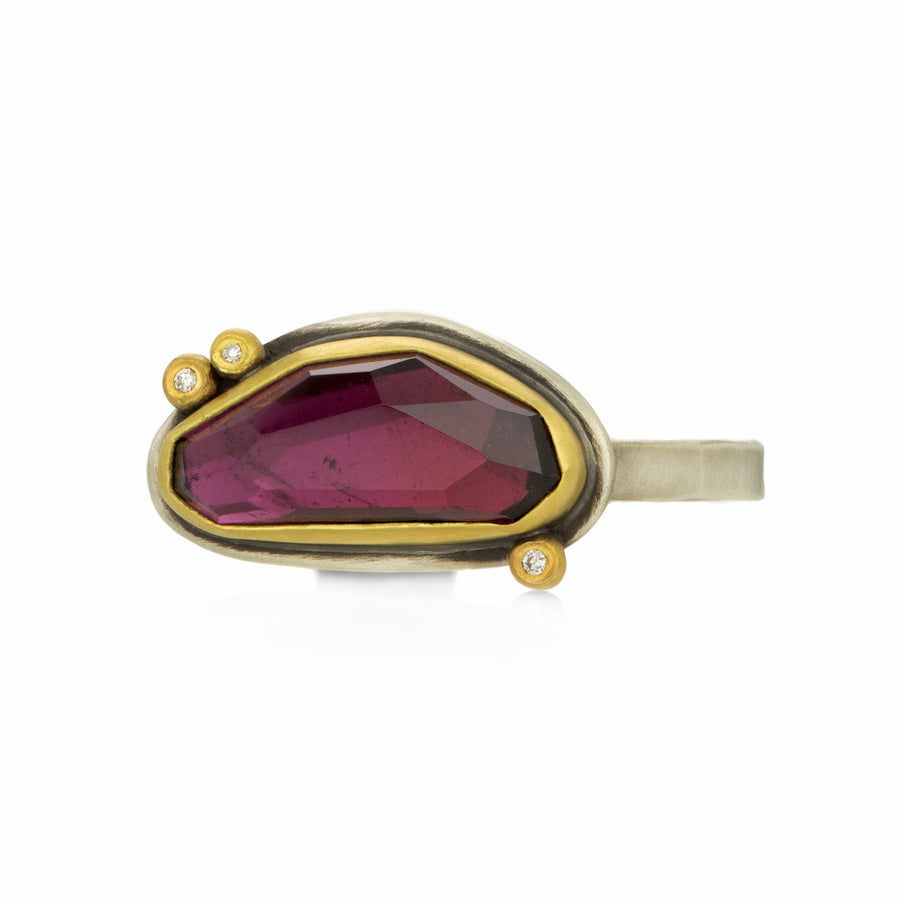 Ananda Khalsa Rose Cut Rhodolite Garnet Ring with 3 Diamonds | Quadrum Gallery