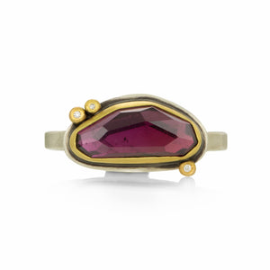 Ananda Khalsa Rose Cut Rhodolite Garnet Ring with 3 Diamonds | Quadrum Gallery