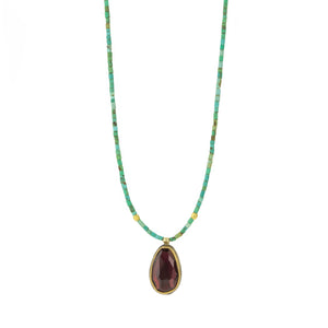 Ananda Khalsa Green Turquoise Bead Necklace with Garnet Pendant | Quadrum Gallery